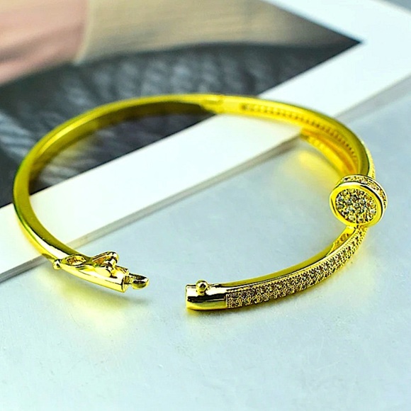 Gold Nail Zircon Screw Tack Bangle Bracelet - Picture 4 of 8